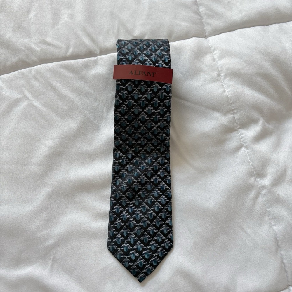 NWT Alfani 100% Silk Tie Mens Blue Geometric Classic Skinny Necktie Quiet Luxury